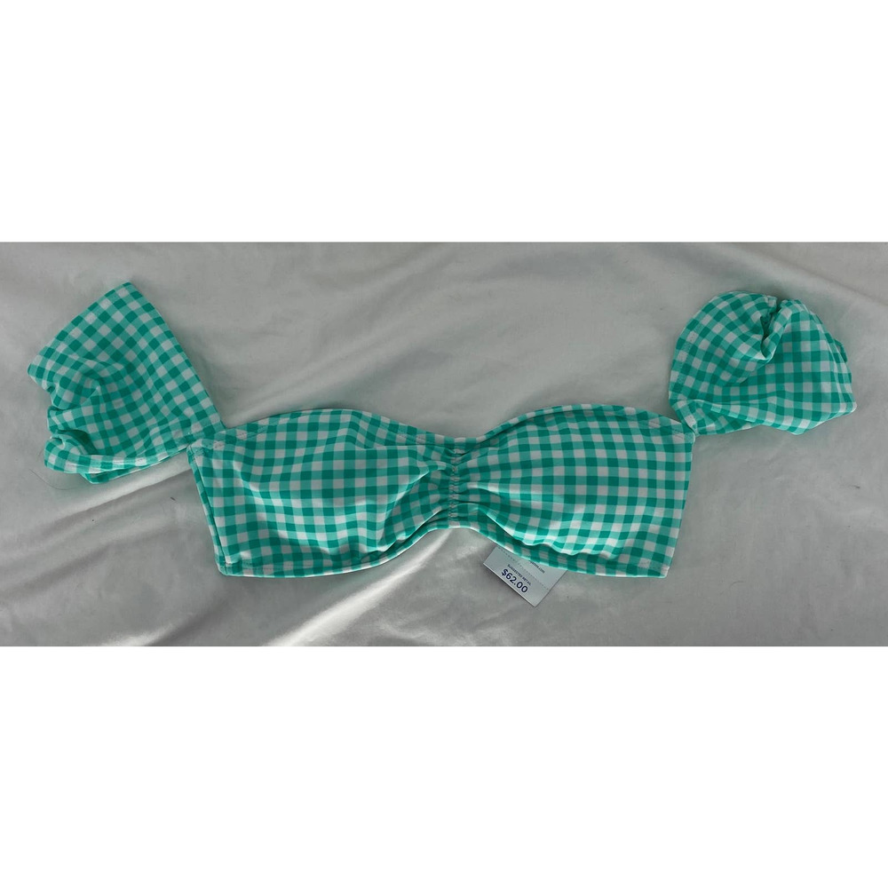 Lauren James Gingham Off-The-Shoulder Bandeau Bikini Top in Aqua Size Medium - Picture 1 of 3